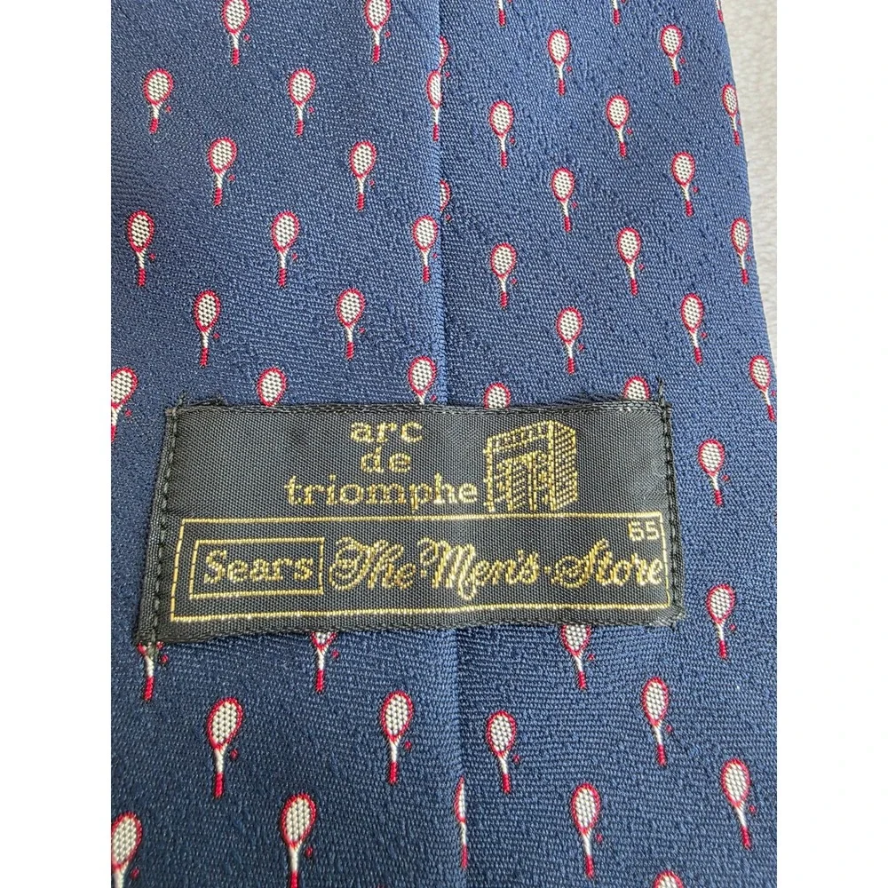 Vintage Sears The Mens Store Arc de Triomphe Navy Tennis Racket Silk‎ Blend Tie